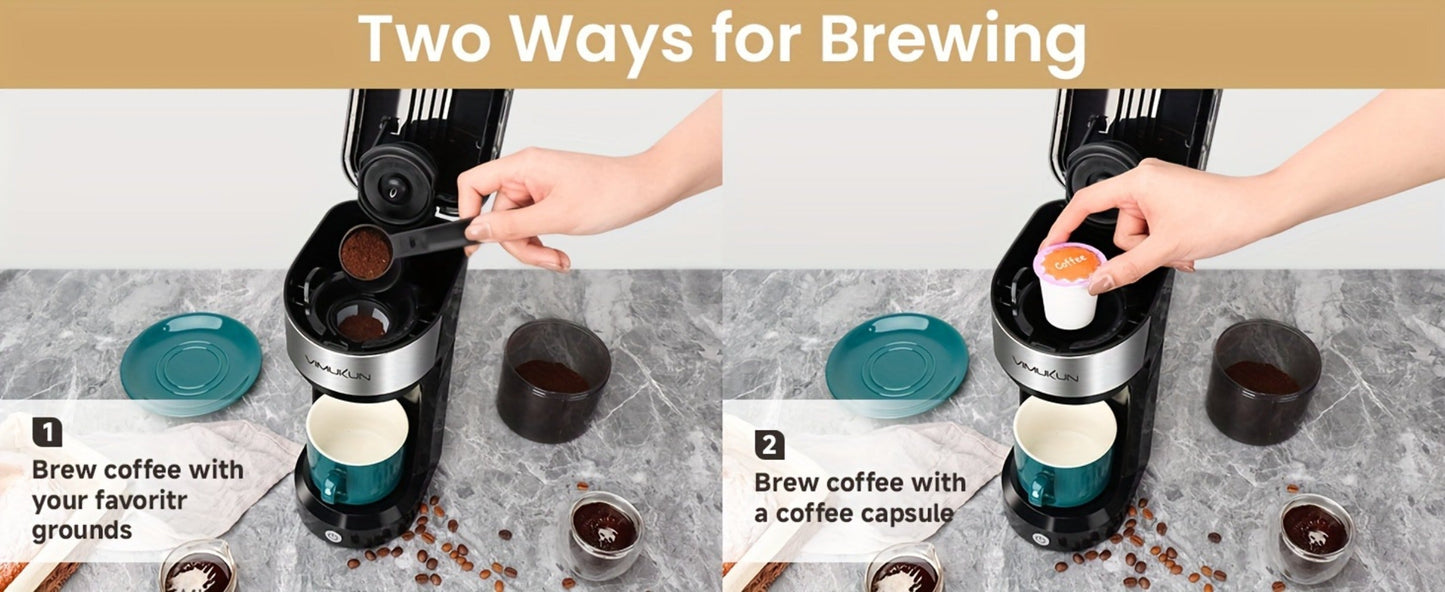 Single-Serve Coffee Maker for Pods or Grounds with 6-14oz Reservoir Range, 120V Label and Four Colors