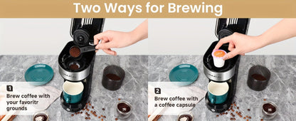 Single-Serve Coffee Maker for Pods or Grounds with 6-14oz Reservoir Range, 120V Label and Four Colors