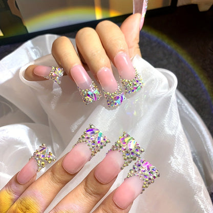 Press On Nails 10-Piece Long Duckbill Set with Nude French Tips, AB Diamond Finish and Nail Tools