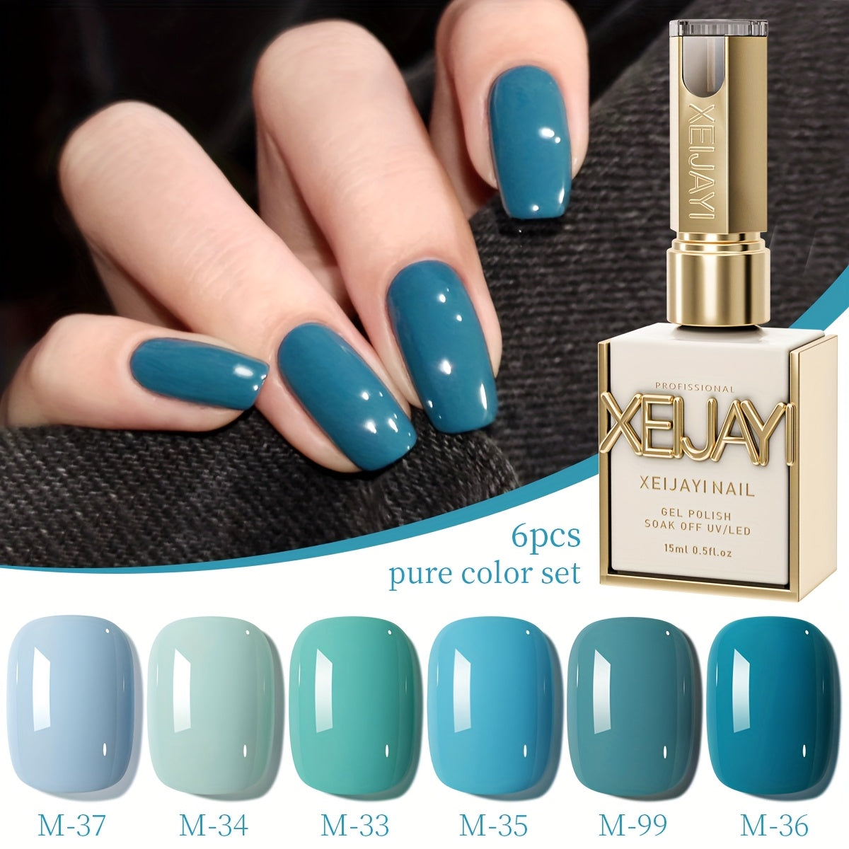 Gel Nail Polish Set with XEIJAYI Label, 6 Peacock Sky Sapphire and Navy Blue Colors for UV LED Cure
