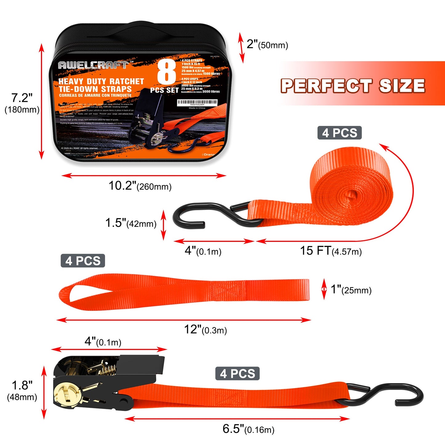 Ratchet Tie Down Straps 4-Pack 15FT 1, 500 lb Break Strength Heavy Duty with Soft Loops & Storage Bag – High-Visibility Webbing