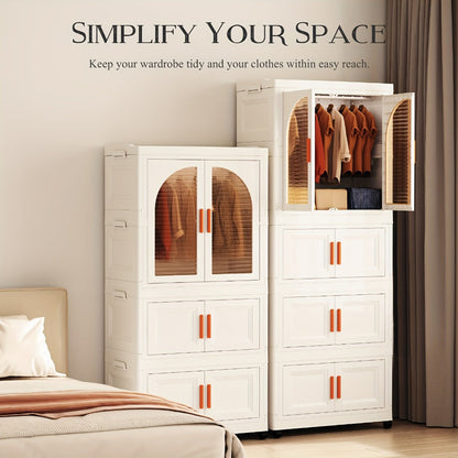 Folding Wardrobe Storage Cabinet on Wheels with Magnetic Door, Hanging Rod & Shelves – 25.6" Wide Portable Closet Organizer