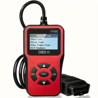 V100 OBD2 Scanner with Four-Line Menu, 12.4 x 7cm Body, Tethered 16-Pin Plug and Four Color Options