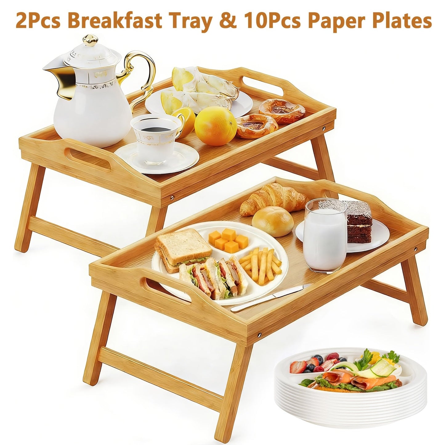 Bamboo Breakfast Tray with Folding Legs & Handles 2 Pack, Extra Wide Foldable Bed Tray Table for Eating