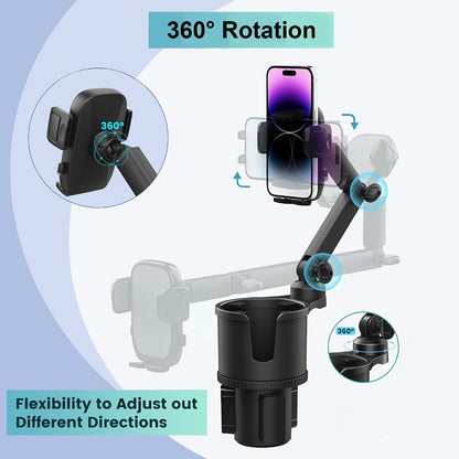 Cup-Holder Car Phone Mount with Bottle Recess, Double-Jointed Long Arm and Rotating Clamp Pictured