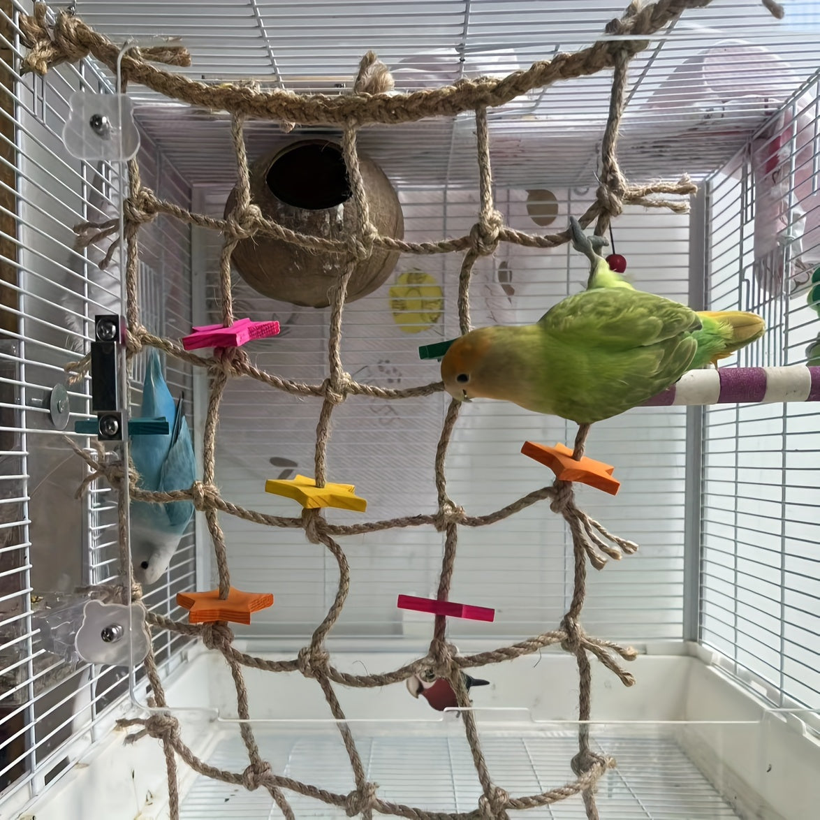Hemp Rope Bird Climbing Net with Colorful Star Foot Shapes and Hanging Loops for Parakeet and Parrot Cages