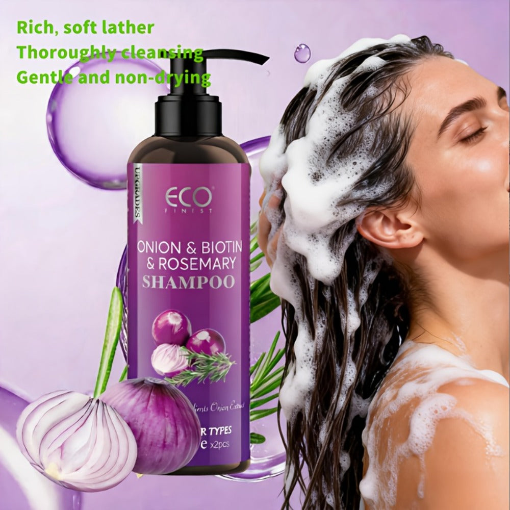 Onion, Biotin and Rosemary-Labeled Shampoo and Conditioner Set in Purple Pump Bottles with Jojoba Oil Wording