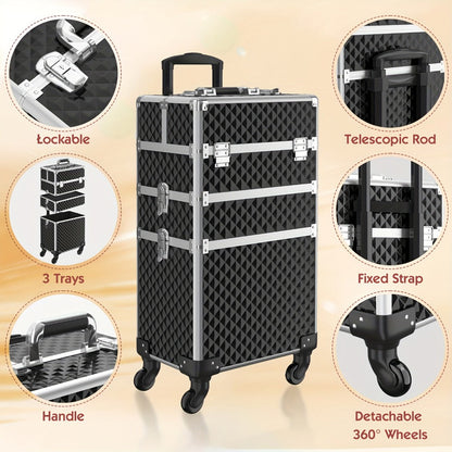 Three-Section Rolling Makeup Train Case with Telescoping Handle in Black or Pink and Sponge Set