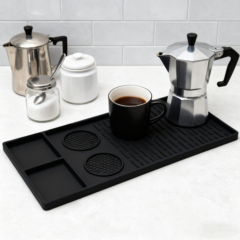 Coffee Bar Mat Silicone with Raised Edges 2-in-1 - Dish Drying Mat for Countertop, Coffee Maker Espresso Machine Mat