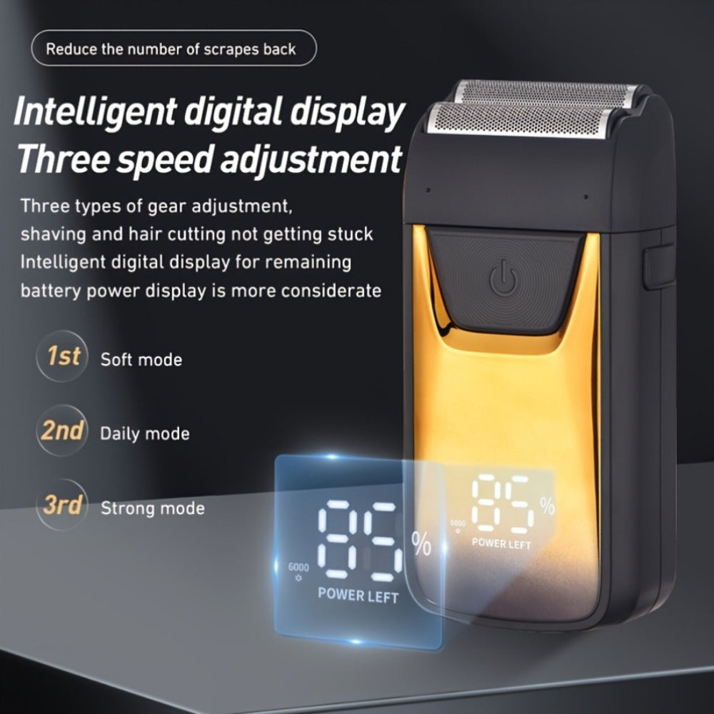 Golden-and-Black Electric Foil Shaver with Rectangular Head, Front Display and Charging Stand