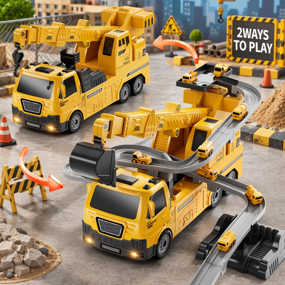 3-in-1 Crane Excavator & Racing Track Toy Set for Kids Ages 3+, Construction Vehicle Playset with Lights & Sounds
