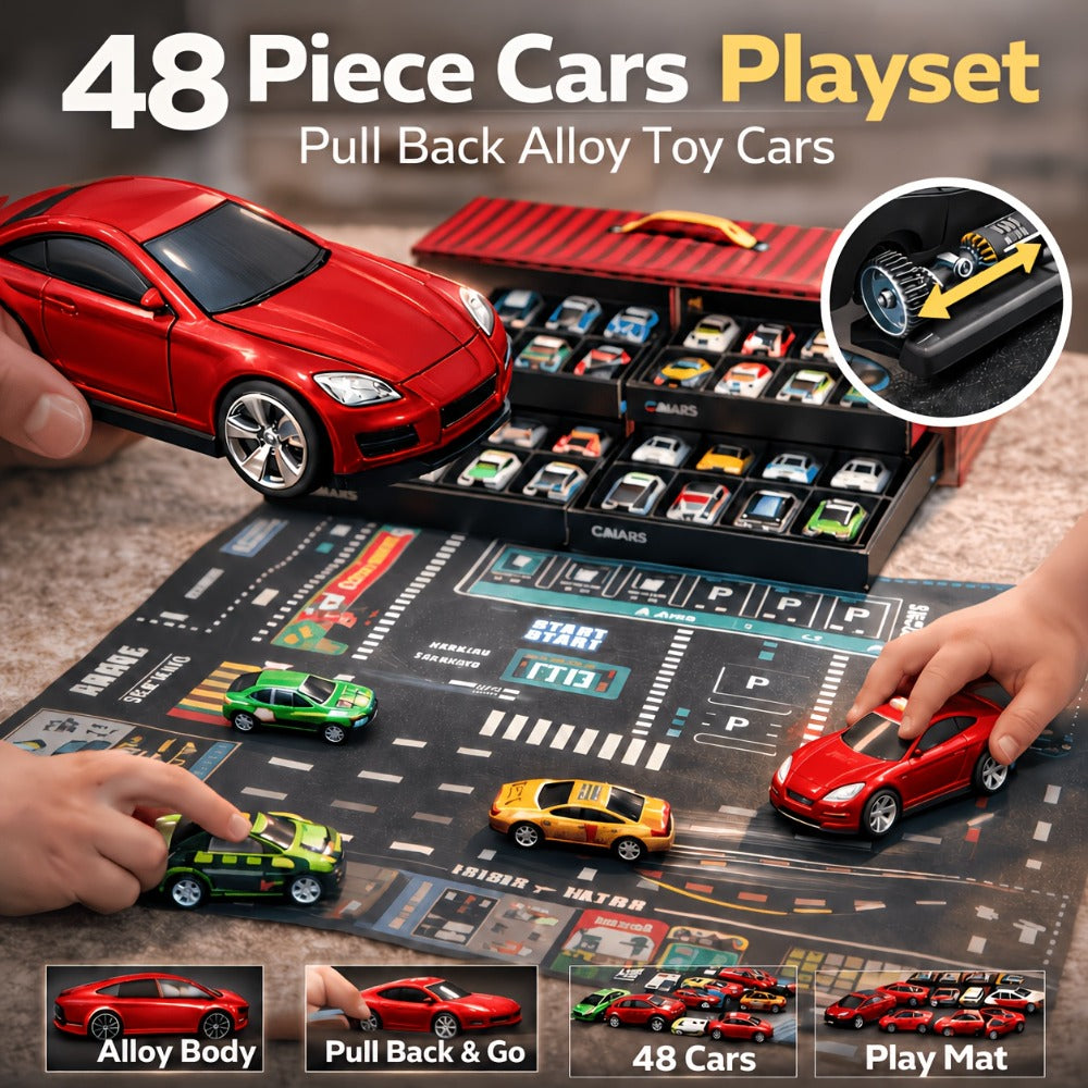 48-Piece Parking Lot Playset for Kids, 4-Level Car Garage with Friction Powered Mini Cars, Ramp & Track