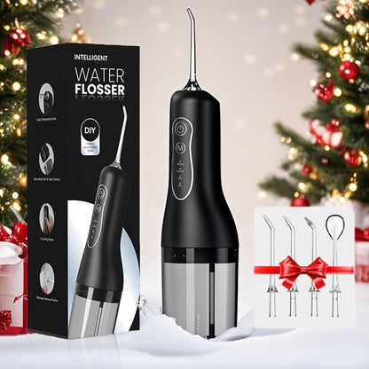 Water Flosser Cordless Black 300ml Oral Irrigator with Four Modes, Four Nozzles, 700mAh Battery, USB Charging and IPX7 Rating