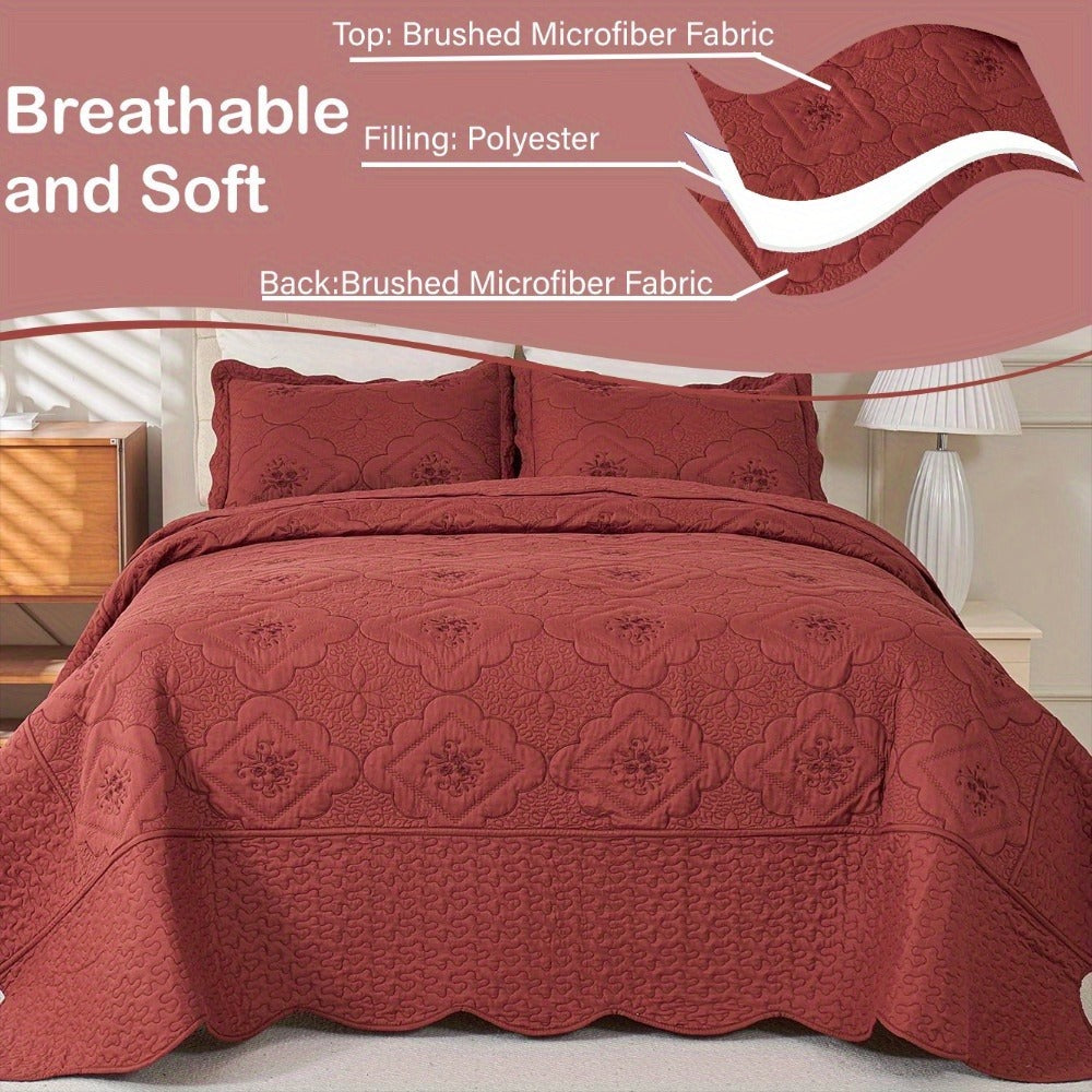 Quilt Set 3 Piece Floral Embroidery Bedspread – 100% Polyester Wrinkle Resistant Lightweight Quilted Coverlet with 2 Pillow Shams for Full