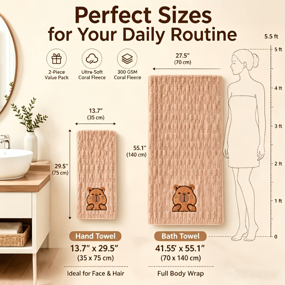 Towel Set 2 Piece Capybara Coral Fleece Face Towel and Bath Sheet in Four Printed Styles for Home and Guest Use