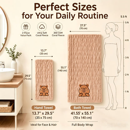 Towel Set 2 Piece Capybara Coral Fleece Face Towel and Bath Sheet in Four Printed Styles for Home and Guest Use