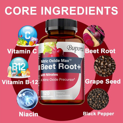 Dietary Supplement Beet Root Capsules with listed Nitrates, Black Pepper and Antioxidants, 120 Count