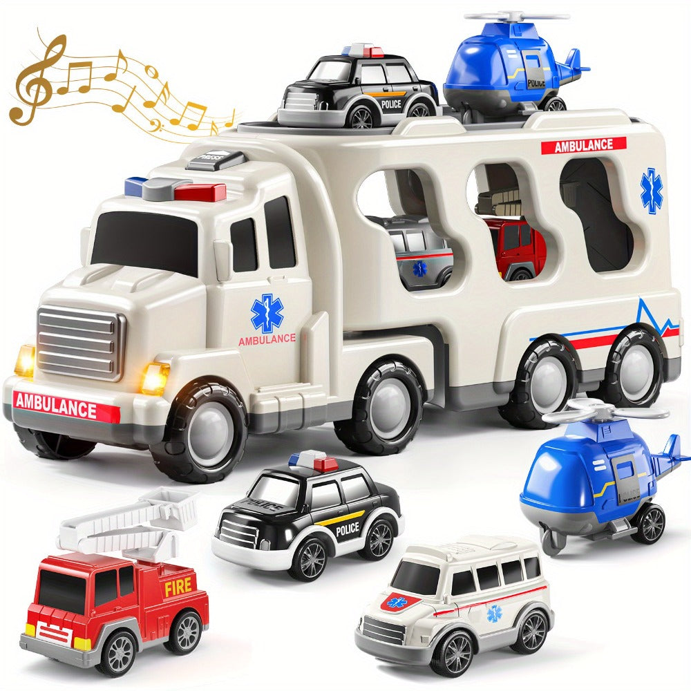 Ambulance Truck Toy 5-in-1 Carrier Set with Lights & Sounds, Friction Power Emergency Vehicle Playset for Kids Boys Ages 3+