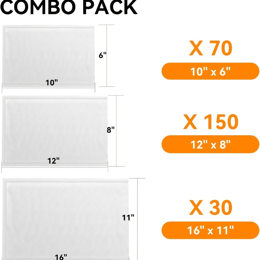 Vacuum Sealer Bags 250pcs - Food Storage Bags in 3 Sizes (6"x10", 8"x12", 11"x16") for Entryways, Bedrooms and Living Spaces