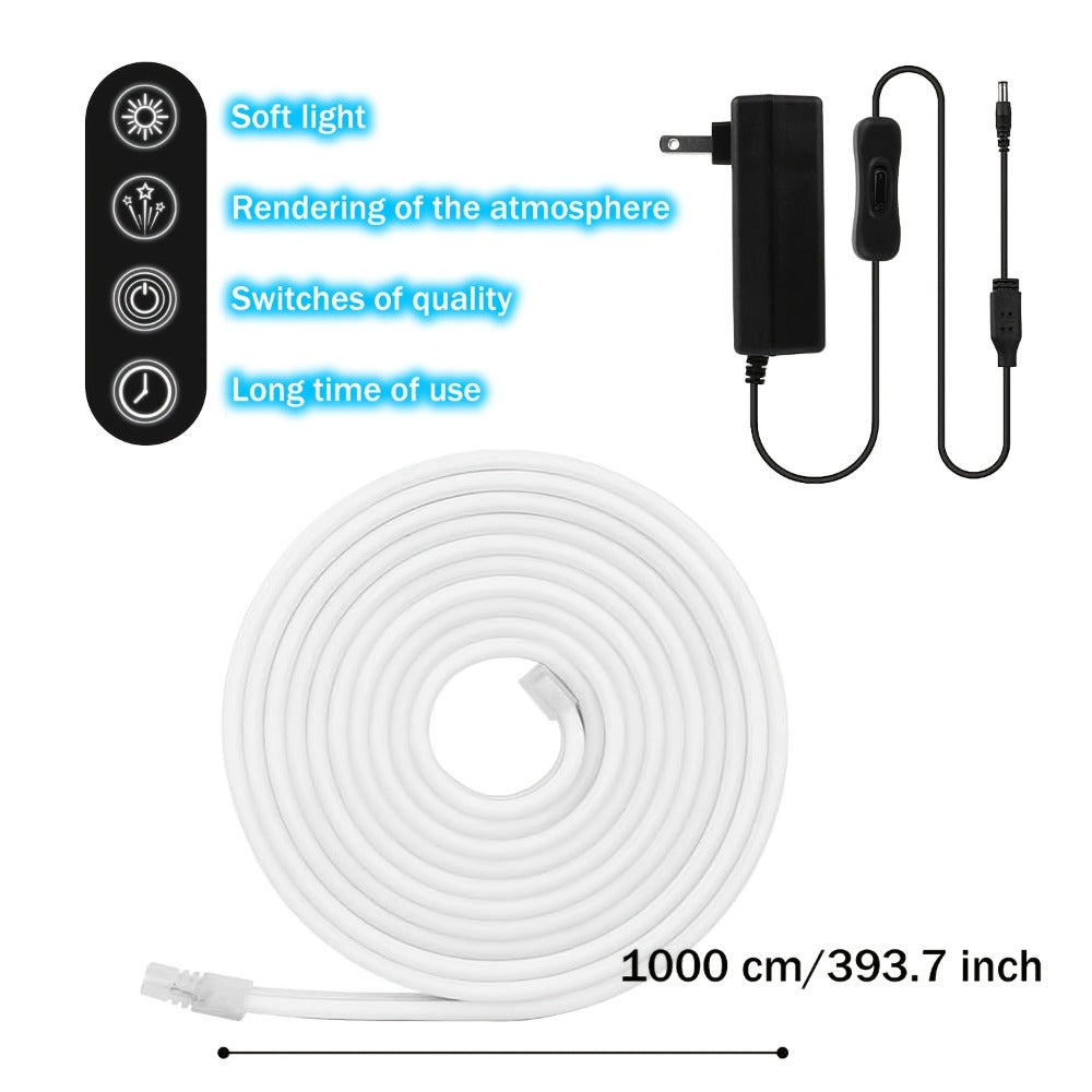 LED Neon Light Strip 32.8ft 10m 1200 LEDs Super Bright, 24V Flexible Neon Strip with Power Adapter & Mounting Clips