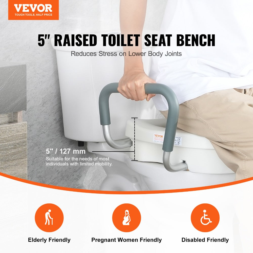 Raised Toilet Seat with Arms for Seniors & Elderly - 5 Inch Elevated Toilet Seat, Twist Lock, Adjustable Armrests with Padding