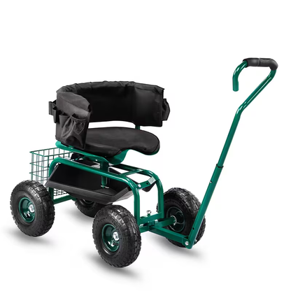 Rolling Garden Seat Cart, Backrest, Cushion, Telescopic Handle & Storage Basket, Steel Frame