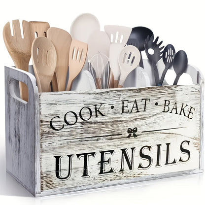 Kitchen Utensil Organizer – Extra Large Rustic Wooden Utensil Holder with 3 Compartments, Countertop & Wall Mounted Storage Rack for Cooking