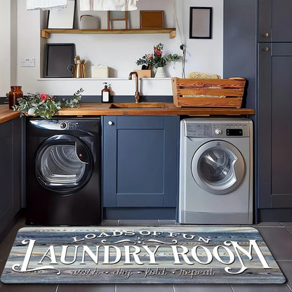 Non-Slip Laundry Room Mat Wood Grain Design – Heavy Duty Washable Rubber Backing Carpet | Rustic Dark Brown & Gray Kitchen Bathroom Rug |