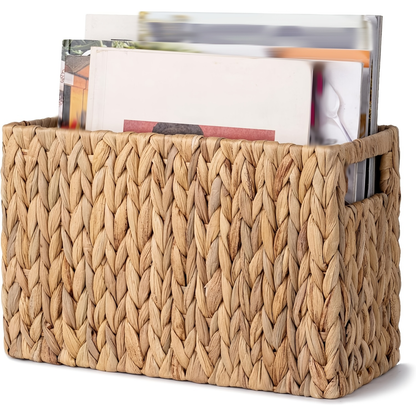 Magazine Holder Basket – Hand Woven Water Hyacinth Wicker Organizer for Bathroom, Office, Living Room, Bedroom Storage & Boho Home Decor