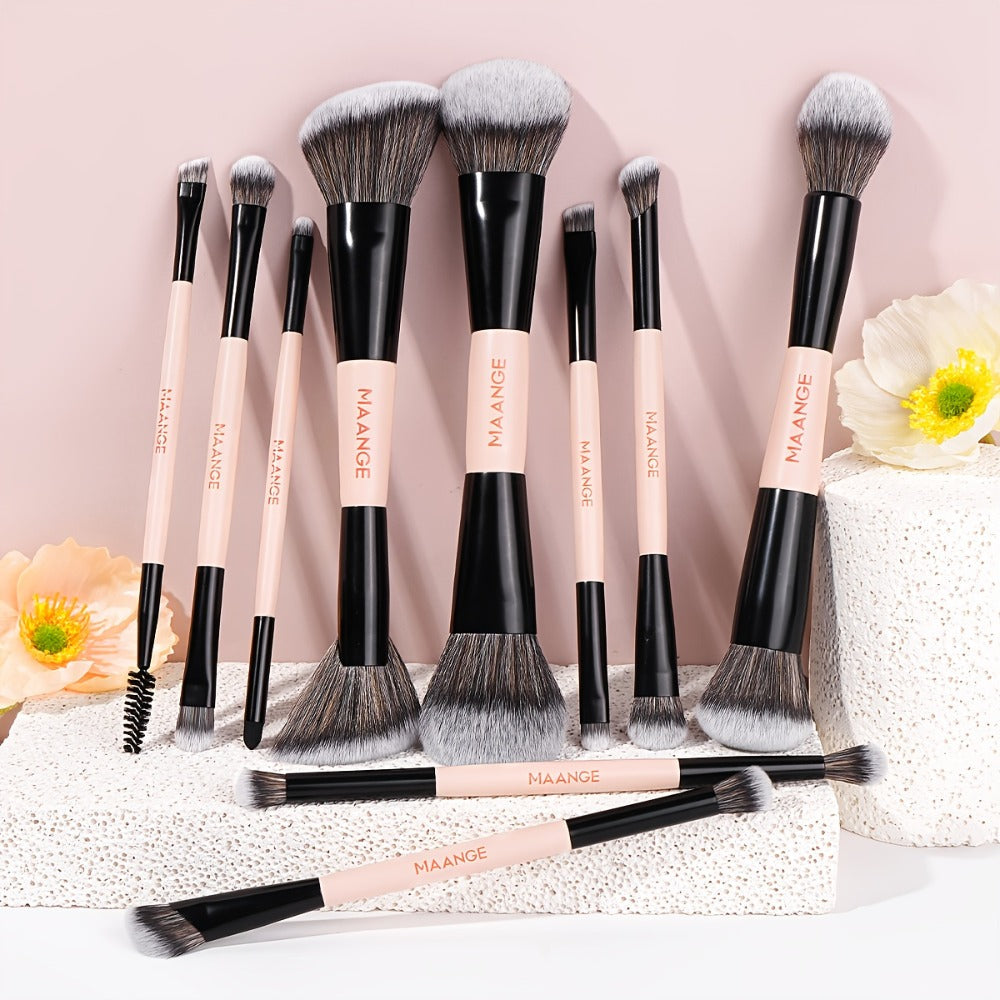 Makeup Brush Set, 10-Piece Double-Ended Nylon Bristle Collection with Cosmetic Bag and Three Color Options