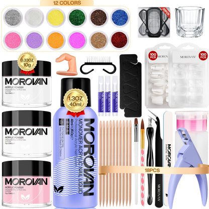 Complete Acrylic Nail Art Kit with Glitter – Pink Clear White Acrylic Powder 12 Color Glitter Powder Nail Liquid Clippers Full Tool Set