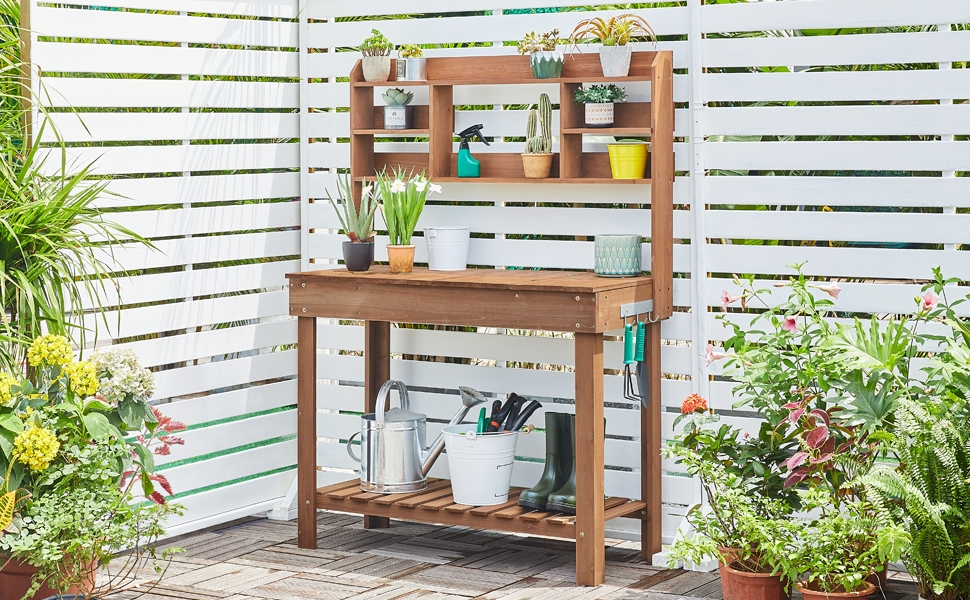 Potting Bench Table Fir Wood Iron Frame Switchable Top Integrated Sink 3-Tier Display Rack Storage Shelf for Garden, Patio and Yard Use