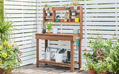 Potting Bench Table Fir Wood Iron Frame Switchable Top Integrated Sink 3-Tier Display Rack Storage Shelf for Garden, Patio and Yard Use