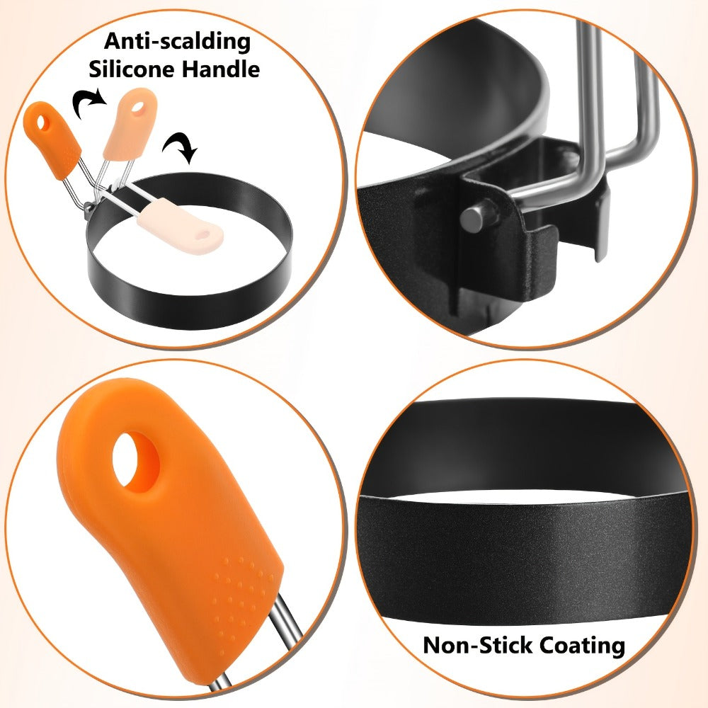 Egg Ring Set 6pcs Nonstick Stainless Steel Pancake Mold 4 Inch and 6 Inch Silicone Handle for Entryways, Bedrooms and Living Spaces