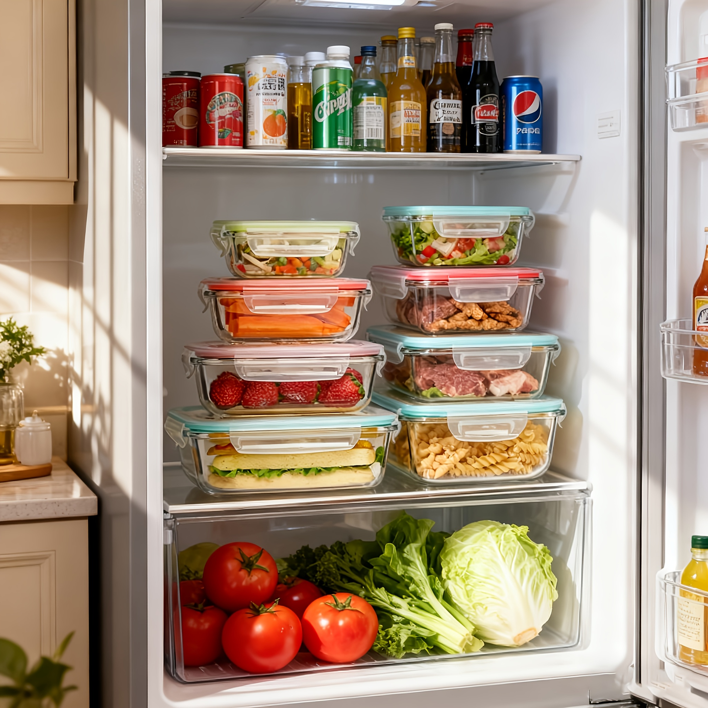 Food Storage Containers 16-Piece Glass Set with Green Lids in Standard or Large Size for Kitchen Organization