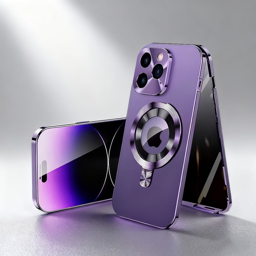 Phone Case Privacy Screen with Aluminum Alloy Frame, Rear Stand and magnetic ring for iPhone 15 Pro