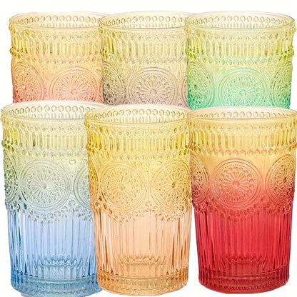 Vintage Embossed Drinking Glasses, Six-Piece 14-Ounce Tumbler Set in Six Gradient Colors for Table Settings