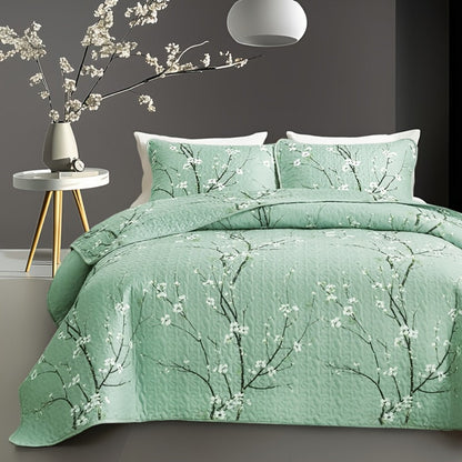 Plum Blossom Quilted Bedspread Set Machine Washable Soft Breathable Hypoallergenic Comforter with Pillowcases Twin Full Queen King Size