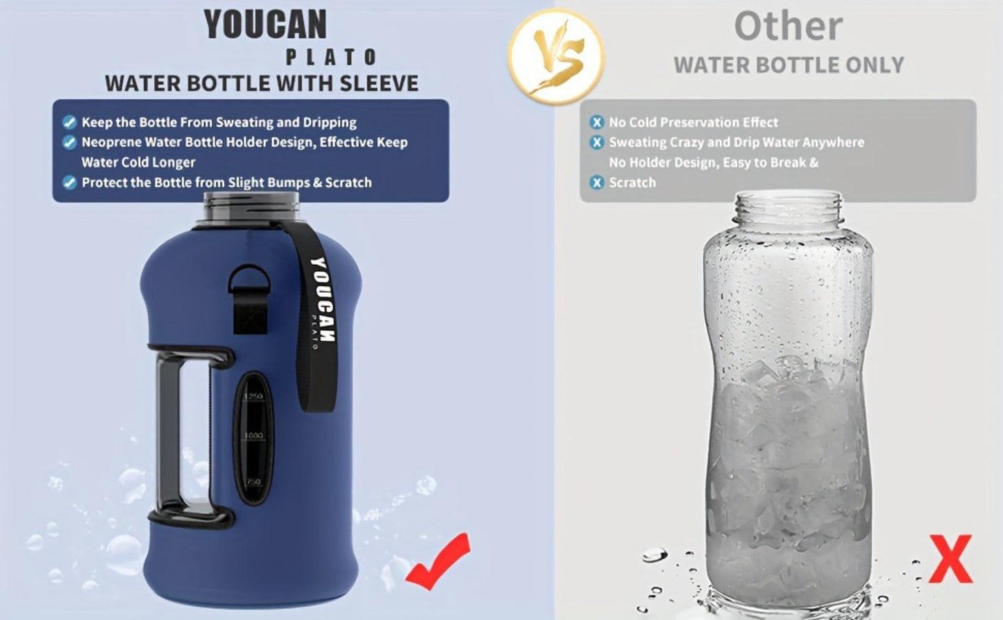 74oz Half Gallon Water Bottle with Straw & Handle, Large Gym Water Jug with Sleeve & Bottle Brush