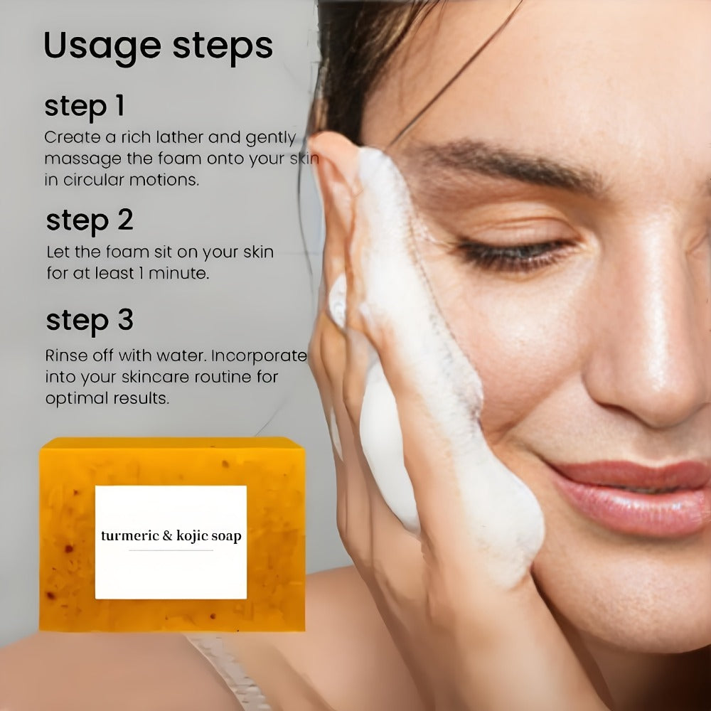 Turmeric and Kojic Acid Bar Soap, Four-Piece Orange Bar Set with Included White Foaming Mesh Net