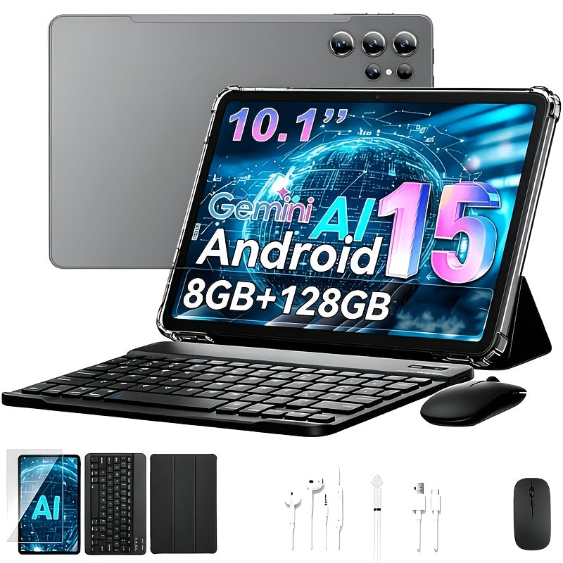 Android Tablet 10.1-Inch with Android 15, 8GB RAM, 128GB Internal Storage and Keyboard Case Bundle