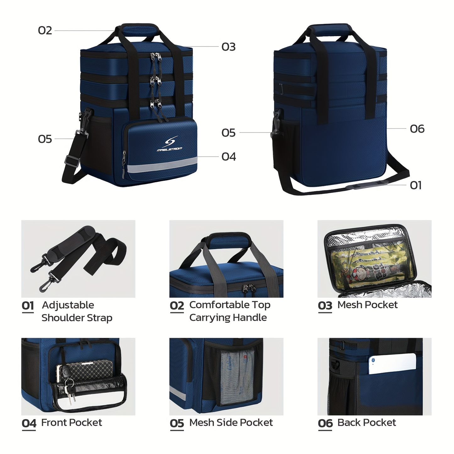 19L Triple-Compartment Lunch Bag with Three Stacked Zippers, Shoulder Strap and Four Color Options