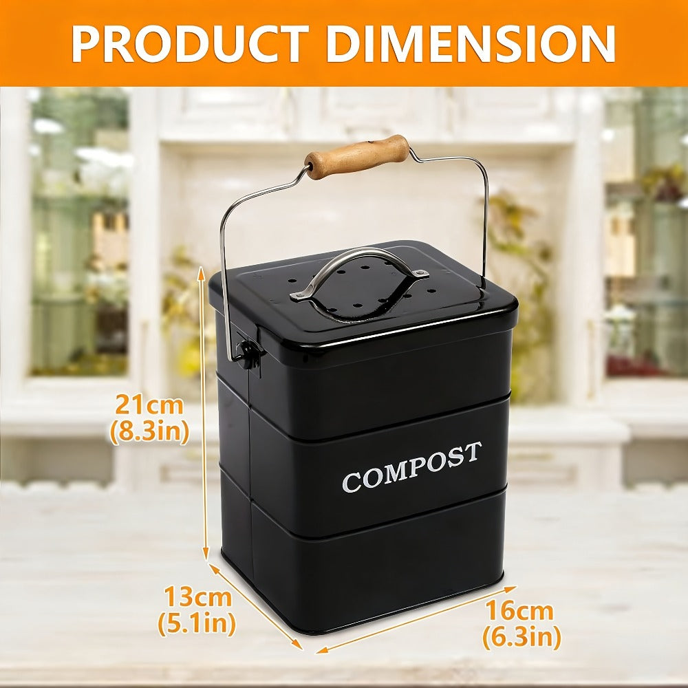 Kitchen Compost Bin 1 Gallon with Charcoal Filter & Wooden Handle, Odor-Free Indoor Countertop Food Waste Bin