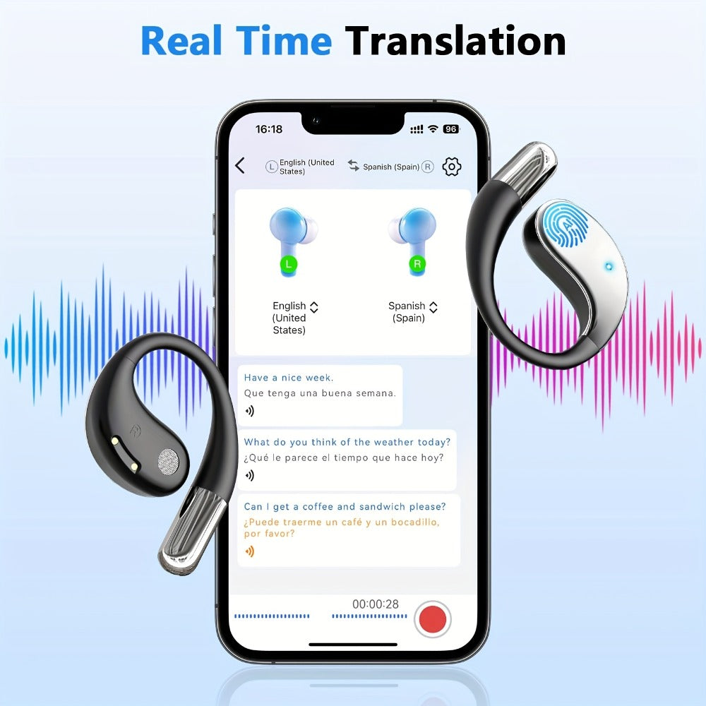 Open-Ear Translation Earphones with Oval Charging Case in Black, Orange or Light Beige Options