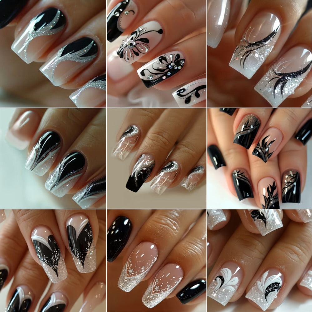 Press On Nails 216-Piece Medium Square Black White 3D Butterfly Marble Set with Jelly Glue and File
