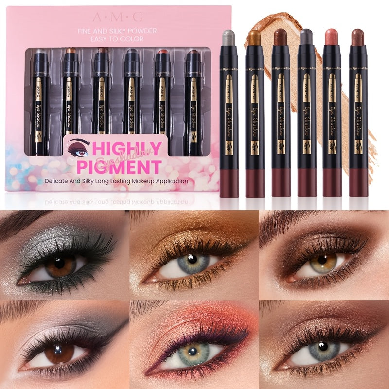 Waterproof Eyeshadow Pencil Set 6 Colors, Metallic & Matte Glitter Highlight Eyeliner Crayons, Smudge-Proof Eye Makeup