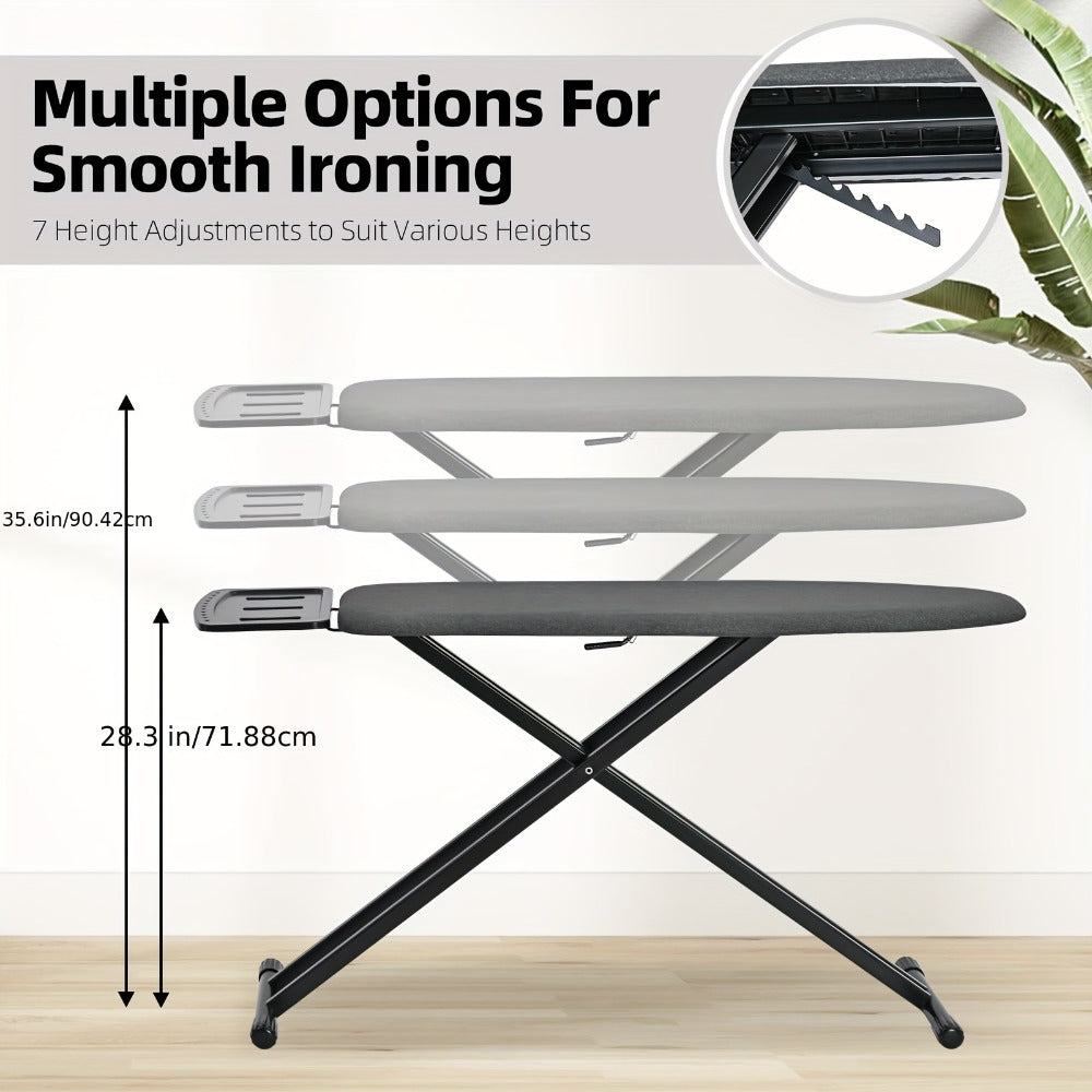Freestanding Black Ironing Board with Multi-Height X-Leg Frame and Extended Iron-Rest Platform