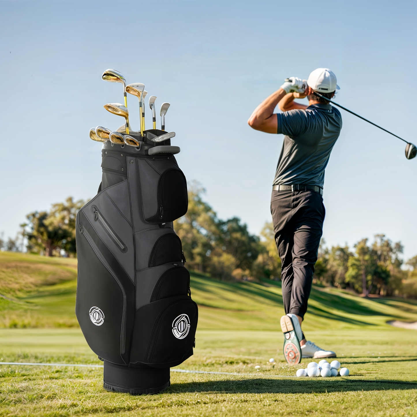 Golf Cart Bag 14-Way Full Length Dividers Protect Clubs 8 Zippered Pockets Cooler Pocket Valuables Pocket Ergonomic Shoulder Straps Rain