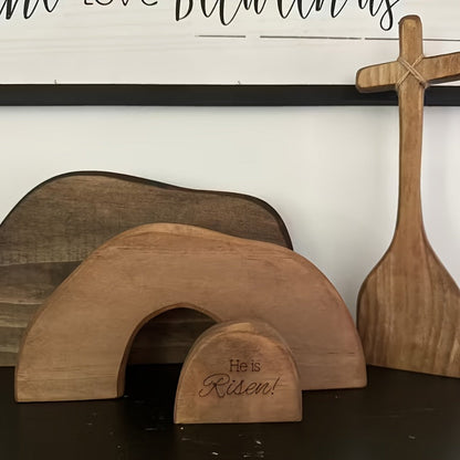 Easter Cross Decoration Wood He Is Risen Wooden Tomb Easter Resurrection Scene for Tray, Tabletop & Shelf
