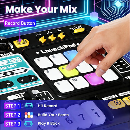 Kids DJ Mixer Toy Set with LED Lights, Microphone & Piano Keys, 100+ Sound Effects, Disco Mode, Rechargeable